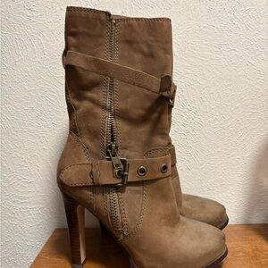 Aldo Brown Suede-Look High Heel Mid-Calf Boots with Buckle Strap
